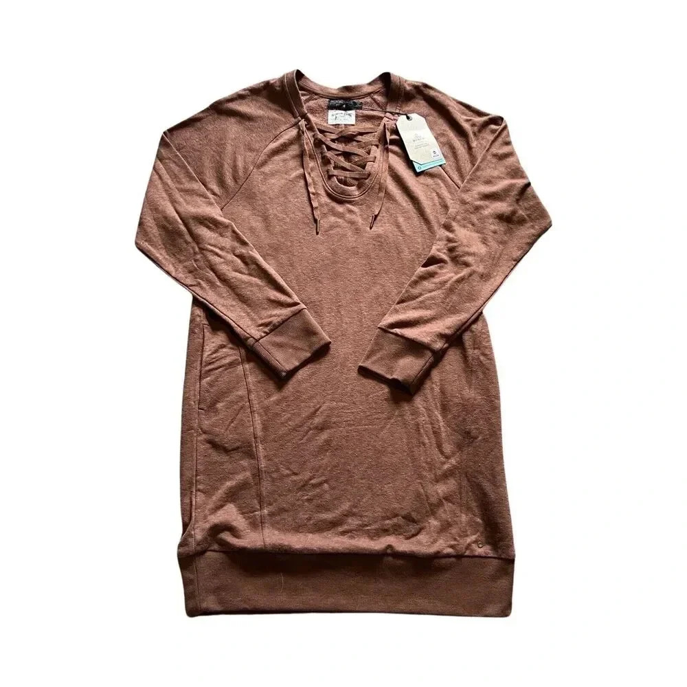 PrAna Cozy‎ Up Teddy Size Large Brown Long Sleeve Shift Sweatshirt Dress